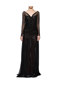 Atu Body Couture Sequin Embellished Ruched Tulle Gown