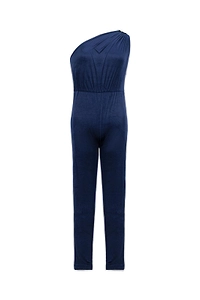 Atlein One Shoulder Gathered Detail Velvet Jumpsuit