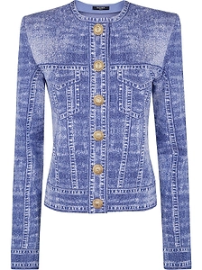 Balmain Denim-Effect Logo Detailed Knitted Cardigan