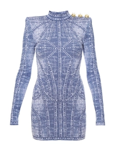 Balmain Denim Effect Short Jacquard Knit Dress