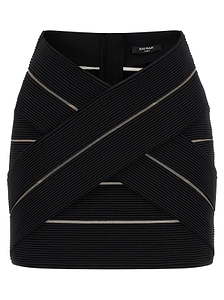 Balmain V-Waist Mesh Insert Stretch Mini Skirt