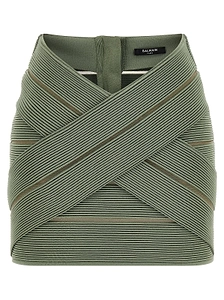 Balmain V-Waist Mesh Insert Stretch Mini Skirt
