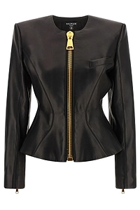 Balmain Peplum Zip-Detail Leather Jacket