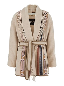 Bazar Deluxe Belted Patterned Fringe Coat