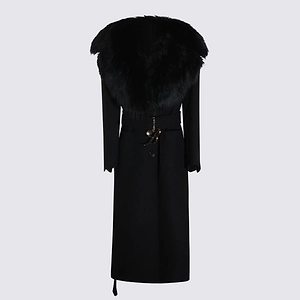 Blumarine Belted Faux Fur Trim Coat