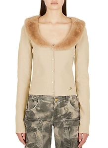 Blumarine Faux Fur Collared Button-Up Cardigan