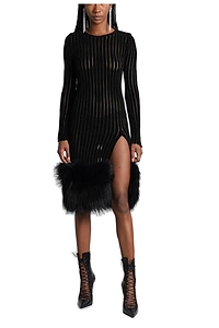 Blumarine Faux-Fur Trim Side-Slit Sheer Dress