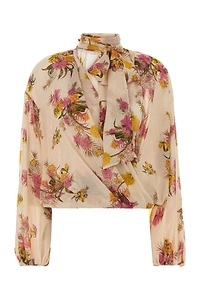 Blumarine Floral Printed Tied-Neck Georgette Top
