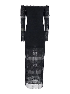 Blumarine Off-Shoulder Embroidered Lace Long Dress