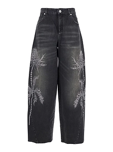 Blumarine Wide-Leg Embellished Distressed Jeans