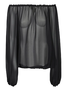 Blanca Vita Sheer Gathered Long-Sleeve Top