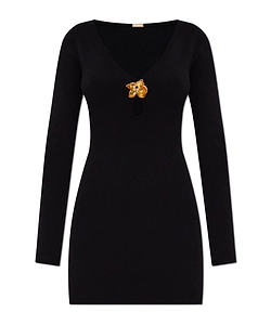 Flower-Embellished Long-Sleeve Mini Dress