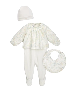 Long-Sleeved Jumpsuit, Knitted Hat And Bib Set