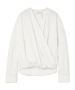 Oversized Wrap-Effect Pinstriped Cotton-Poplin Blouse