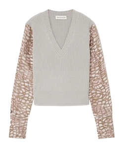 Ribbed-Knit And Printed Satin Sweater