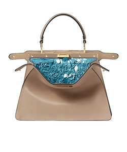 Peekaboo Iseeu Medium Dove Gray Leather Bag With Aquamarine Blue Sequins