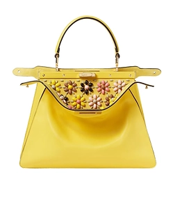 Peekaboo Iseeu Medium Broom Yellow Leather Bag With Floral Decoration