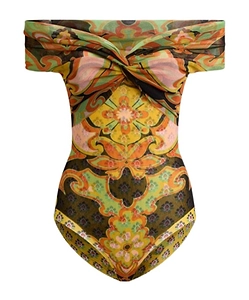Tulle Bodysuit With Open Shoulders And Placed Floral Print