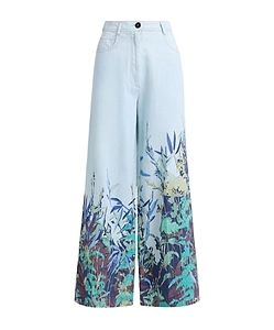 Printed Denim Wide-Leg Pants