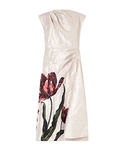 Draped Floral-Print Crinkled-Crepe Midi Dress
