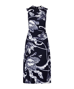 Gathered Floral-Print Ponte Midi Dress