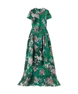 Floral-Print Short-Sleeve Gown