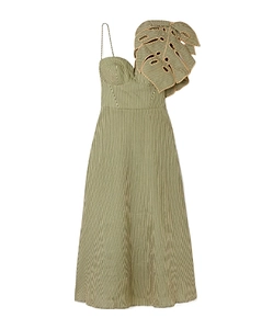 Farm Rio Striped Leaf-Detail Midi Dress