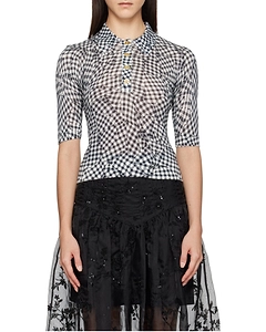 Ganni Sheer Printed Checked Polo Shirt