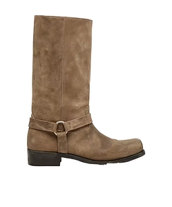 High Biker Boots In Dark Beige Waxed Suede With Strap And A Silver-Colored Buckle