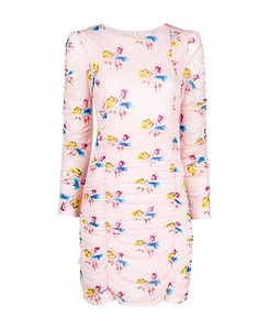 Ruched Mesh Floral-Print Mini Dress