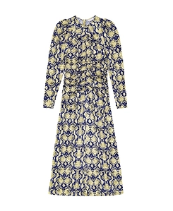 Snake Printed Crinkled Satin O-Neck Midi Dress