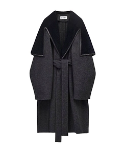 Shearling Collar Belted Coat In Wool