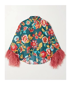 Feather-Trimmed Printed Cover-Up