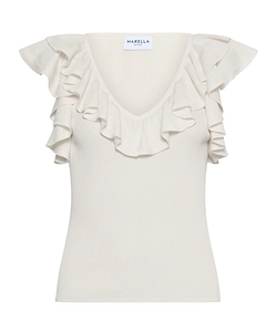 Ruffled Fine Rib-Knit Top - Cream