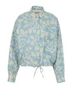 Blue Ramie Drawstring Shirt With Banjo Print