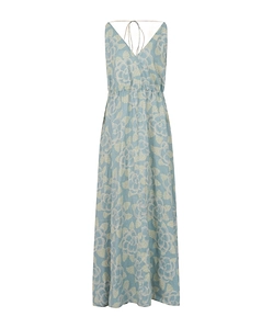 Blue Ramie Maxi Dress With Banjo Print