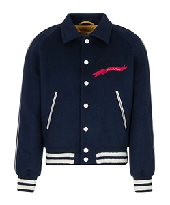 Deep Blue Felt Bomber Jacket With Embroidered Marni Flag Patch