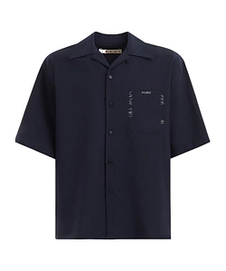 Deep Blue Tropical Wool Bowling Shirt With Marni Mending