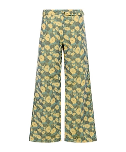Green Linen Blend Trousers With Floral Print