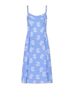 Light Blue Poplin Flared Dress With Sprayed Roses Print