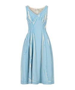 Light Blue Screen-Printed Denim Midi Dress