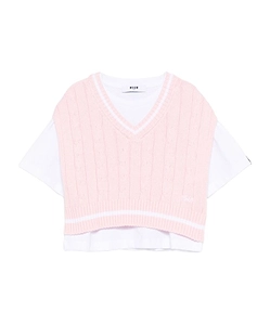 Msgm Kids V-Neck Cable-Knit T-Shirt