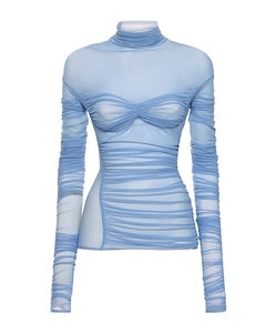 Puffy High Neck Long Sleeve Blouse