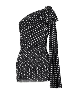 One-Shoulder Draped Polka Dot Knit Mini Dress