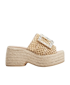 Rhinestone Buckle Espadrille Platform Mules In Raffia