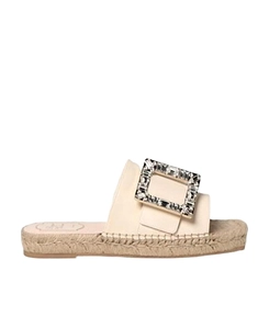 Strass Buckle Espadrille Mules In Soft Leather