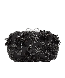 Black Satin Floral Crystal Clutch Bag