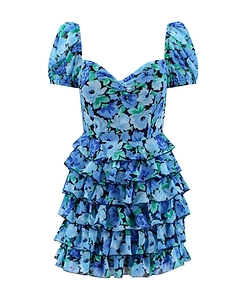 Rotate Floral-Printed Puff Sleeved Ruffled Mini Dress