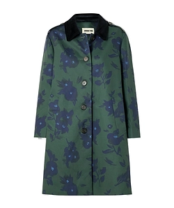 Velvet-Trimmed Floral-Print Woven Trench Coat