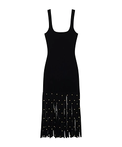 Fringed-Hem Embellished Midi Dress